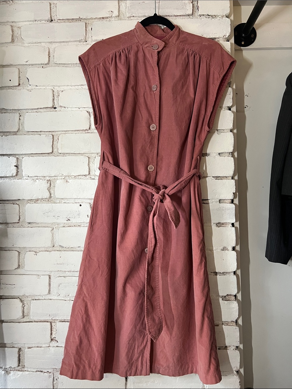 Sleeveless Button-Front Dusty Rose Shirt Dress with Waist Tie corduroy collared